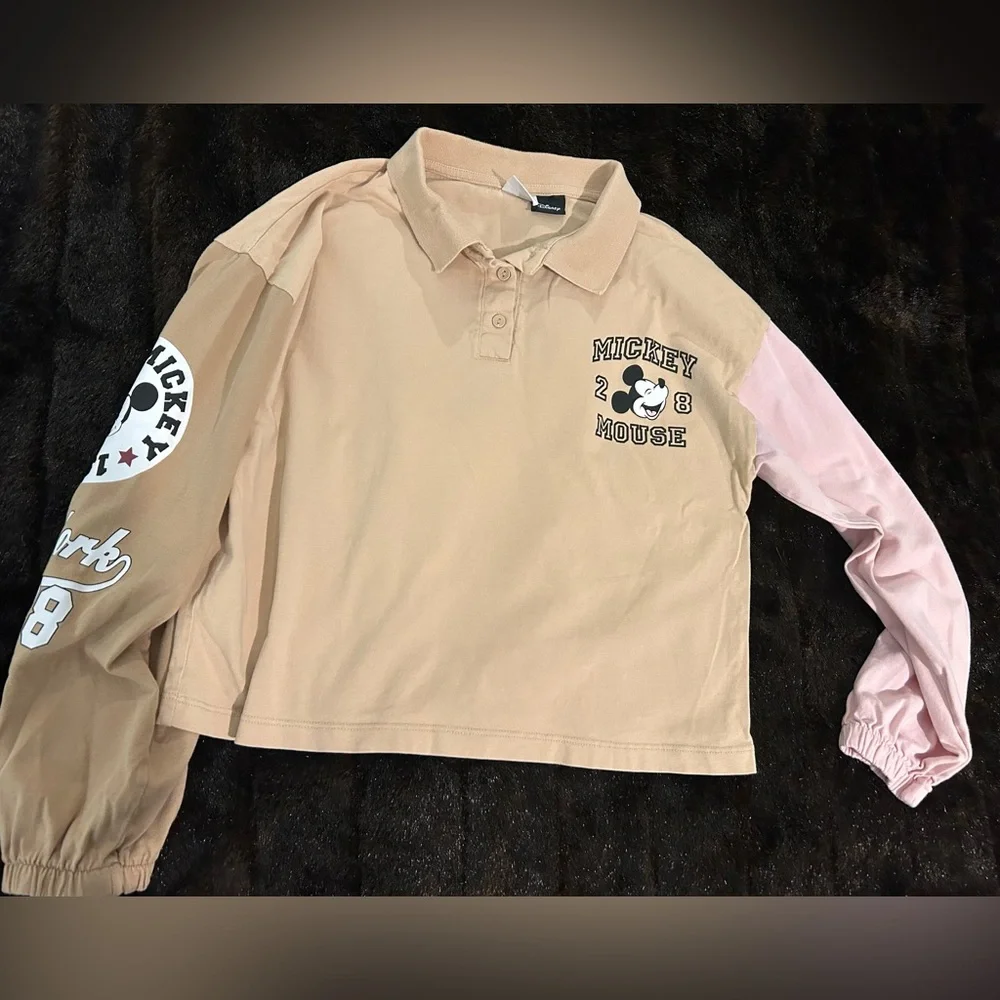 Disney Mickey Mouse Cropped Polo Sweatshirt Girls Size 13/14 Tan Colorblock